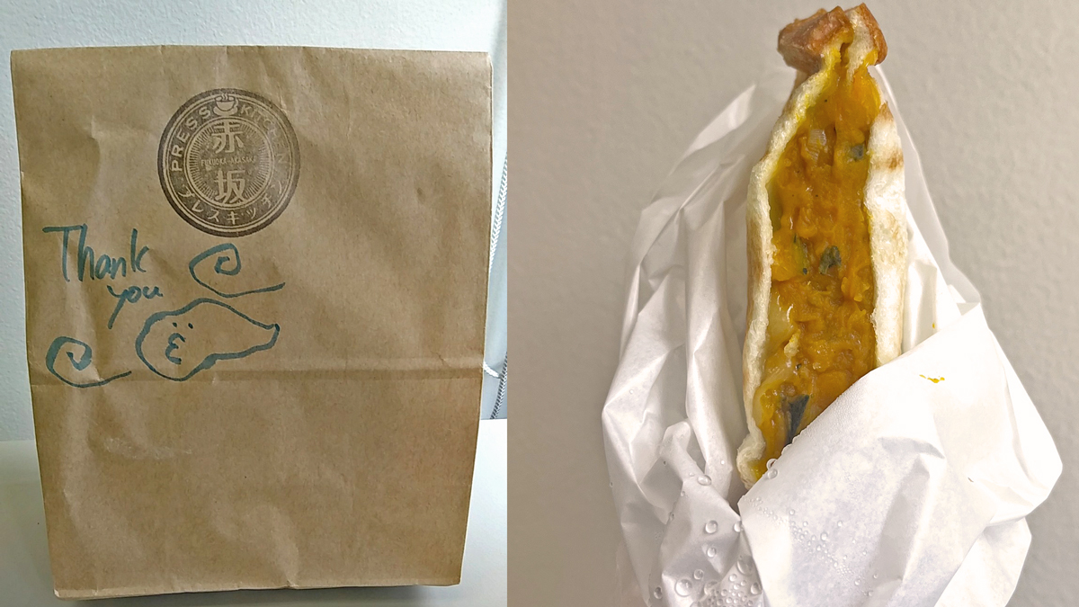 左：袋のイラストがかわいい / 右：かぼちゃとチーズサンド美味しかった