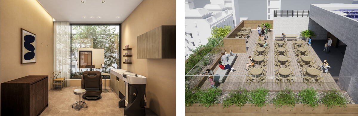 左：完全個室型ヘアサロンqon Hair&Care / 右：憩いの空間、STEPS terrace