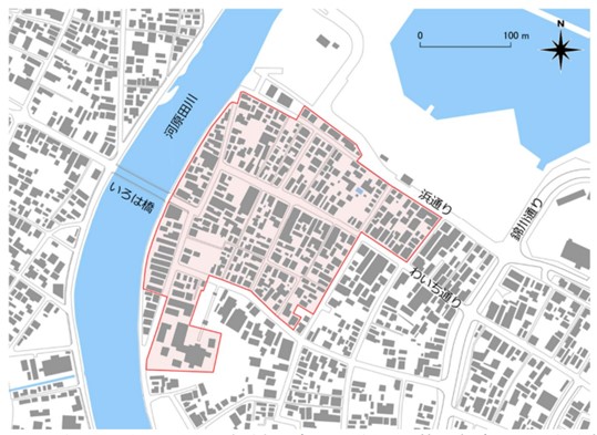 図：輪島市朝市通りで確認された焼失区域（国総研調査報告書より抜粋）