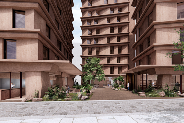 LANDICが西中洲で計画しているホテル 中庭イメージパース（資料：LANDICホールディングス）