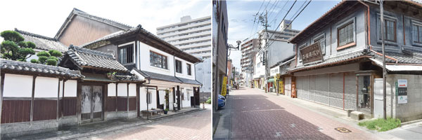 JR筑前前原駅周辺には古き良き時代の町並みも残されている 左の写真はランチも楽しめる古材の森（旧・西原邸）