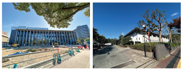 左：間もなく開館の新・福岡武道館（博多区東公園）／右：やがて解体される旧・福岡武道館