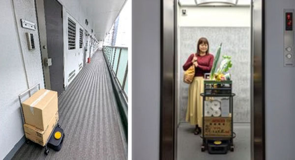 左：各部屋への宅配物の配送 / 右：エレベーターとの連携により買い物の荷物を部屋までロボットが自律搬送　三菱電機ビルソリューションズリリースより