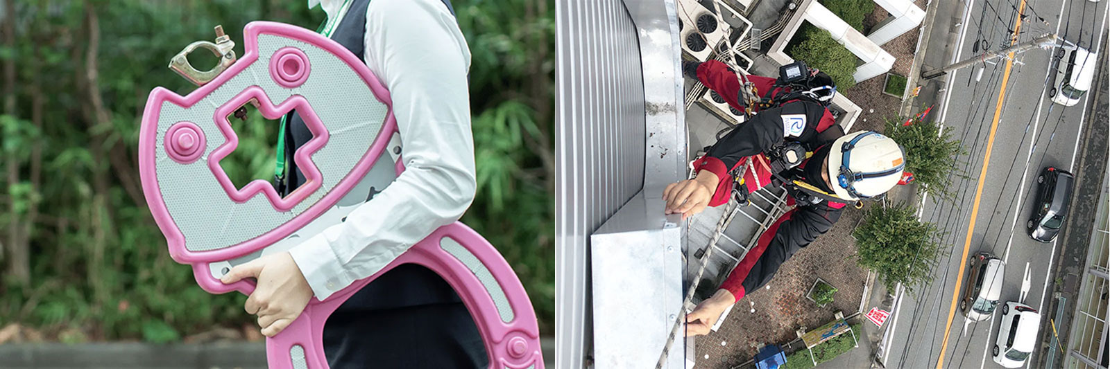 左：顧客のニーズに対応した安全商品を提供 ／ 右：50名を超す屋外広告士有資格者を有する