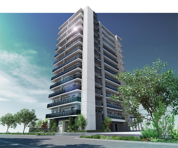 竣工前完売をはたした「アメイズ飯塚駅前プレミアム」外観イメージパース