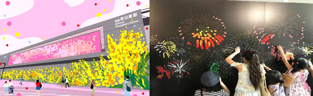 左：パネル完成イメージ / 右：過去の丸シールアートワークショップの様子　西鉄プレスリリースより