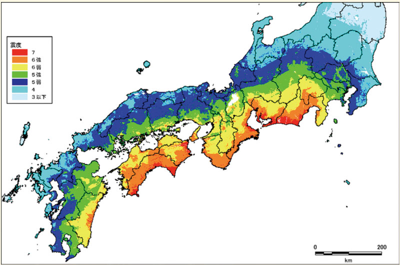 【図】広範囲に広がる南海トラフ地震の被災予想地域（気象庁のホームページより）