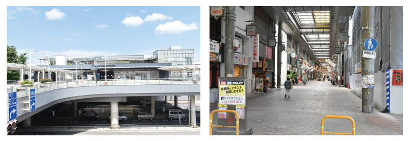 （左）JR黒崎駅／（右）黒崎駅前の商店街には、閑散とした雰囲気が漂う