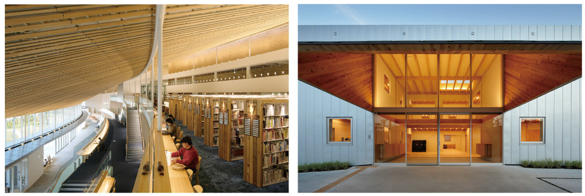 （左）長崎県立図書館「ミライ on 図書館」の内部  （右）島原市の障がい者施設の外観  （撮影：中村絵）
