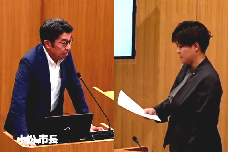 答弁する小松政武雄市長（左）と、質疑する古賀珠理議員（右） 出所：武雄市の公式YouTubeチャンネル
